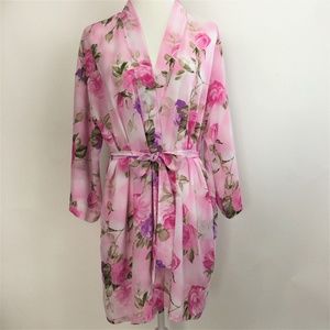 CERIE Self Tie Wrap Robe Pink Roses Sheer One Size